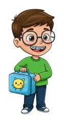 Child with lunchbox smiling school bright environment front fun and learning concept. Cut out PNG