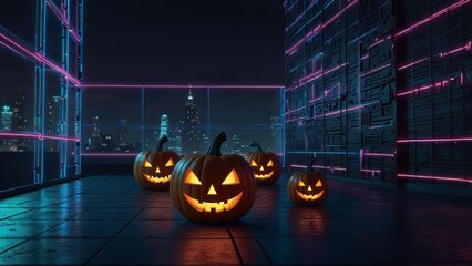 Synthwave Halloween night with neon pumpkins and retro arcade bats