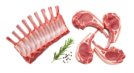 A rack of lamb and lamb chops with rosemary and peppercorns for cooking meat