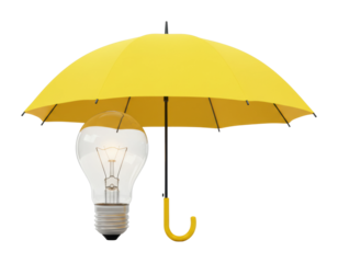 Creative innovation under a bright yellow umbrella with light bulb studio setting conceptual art bright environment. Cut out PNG