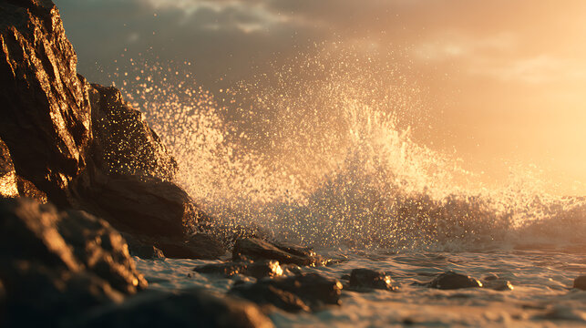 Ocean wave crashing on rocks at sunset scenic seascape nature photography