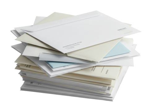 Sorting and organizing stacks of envelopes in an office environment for efficient management. Cut out PNG