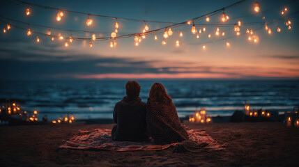 Romantic beach date night couple watching sunset with string lights photography
