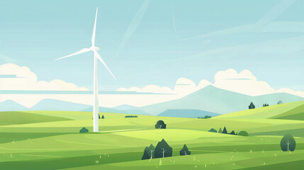 Obraz premium wind turbine in green landscape with mountains and blue sky