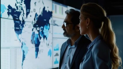 A professional team engaged in a business meeting, examining digital information on large screens, focusing on global analytics. - Powered by Adobe