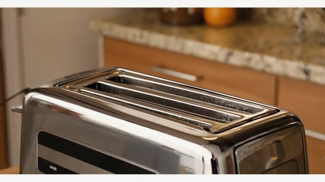 Modern stainless steel toaster on a kitchen counter with a marble backsplash and fruit in the background