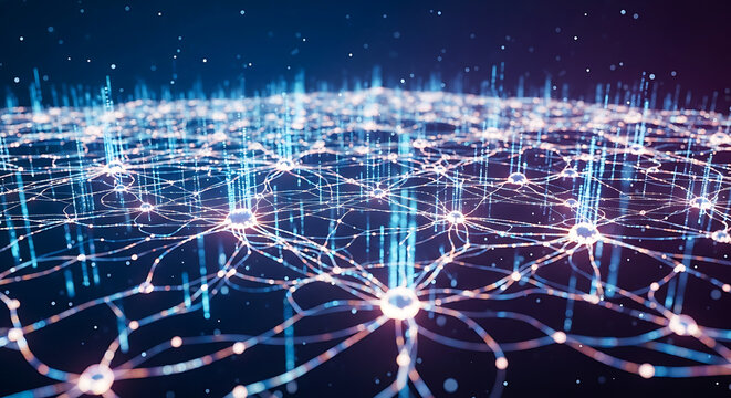 Abstract network of connected nodes with blue glowing lines and connections in dark space ai generated