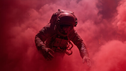 Obraz premium Astronaut emerges from red nebula, exploring unknown space frontiers