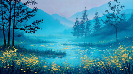 Morning dew sparkling on valley floor in quiet nature