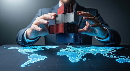 Business man stacking cargo containers over glowing world map global logistics