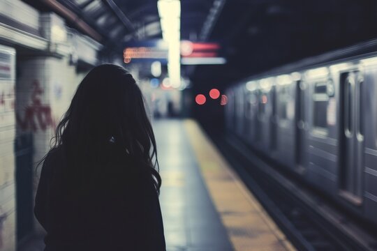Young woman waiting for subway train in station at night - Powered by Adobe