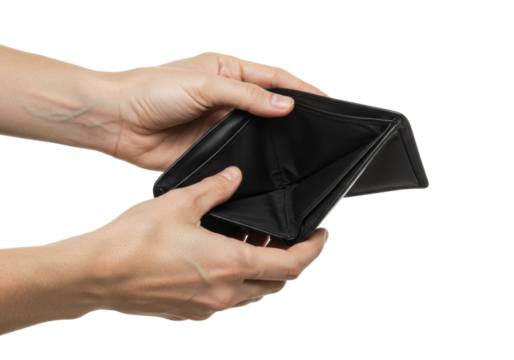 Handling an empty wallet financial hardship personal finance indoor setting economic awareness. Cut out PNG