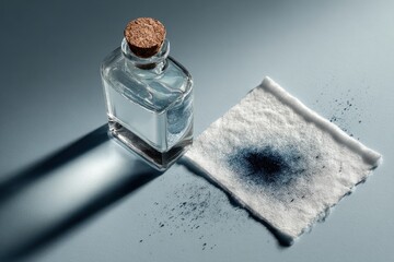 Bottle with cork next to cotton pad stained with blue liquid on blue background
