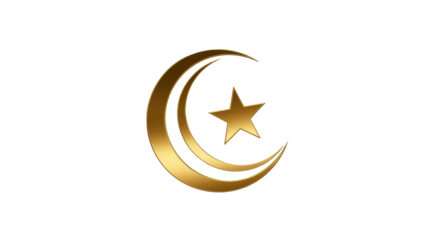 Golden crescent moon and star symbol isolated on a black background in a digital render style image
