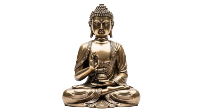 Bronze buddha statue in meditation pose with hand gesture isolated on a black background studio shot