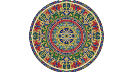 Colorful mandala design with intricate patterns and symmetrical shapes on a black background digitally made