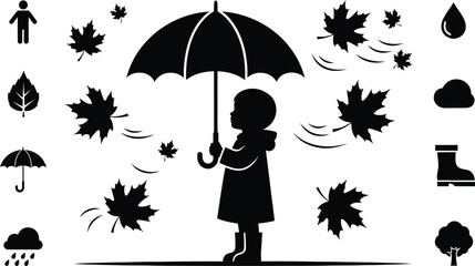 Child with umbrella in autumnal weather surrounded by falling leaves