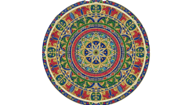 Colorful mandala design with intricate patterns and symmetrical shapes on a black background digitally made