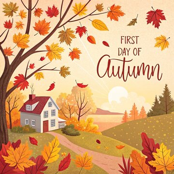 Happy first day of autumn, greeting card in realistic style. Stylish colored background with falling colorful autumn leaves