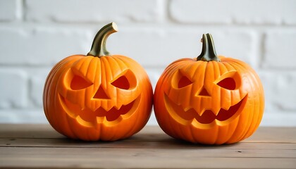 Smiling Halloween Jack-O'-Lanterns on Wooden Table with Minimal Background