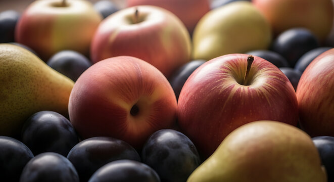 Close up shot of a variety of fruits including apples pears and plums creating a vibrant still life ai generated