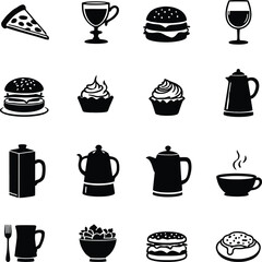 A collection of black and white food and drink icons including pizza burger wine and coffee on white background