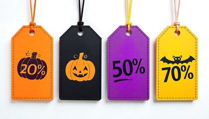 Halloween Discount Tags in Orange, Black, Purple, and Yellow with Festive Icons