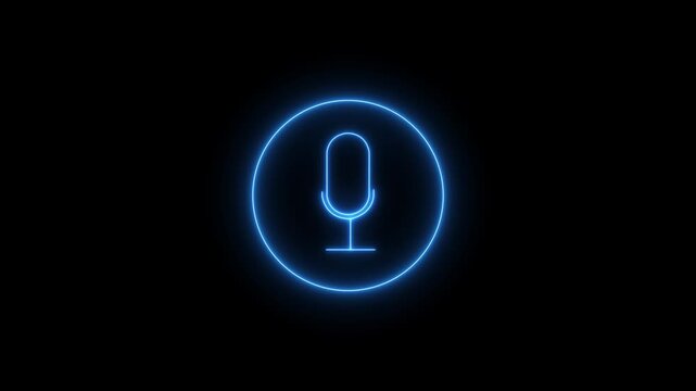 Blue color Neon line microphone icon. Glowing Voice recording podcast mic microphone button icon animation on black background. 4k video