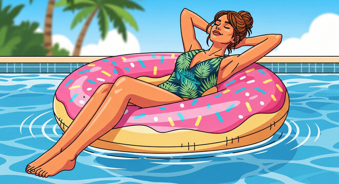 Woman relaxing on a pink donut float in a sunny pool surrounded by palm trees and blue sky