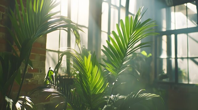 Sunlit Indoor Plants Near Brick Wall Window