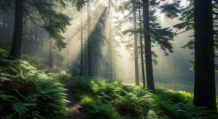 Fototapeta premium Sunlight streaming through the trees in a lush forest with ferns and a dirt path visible below ai generated