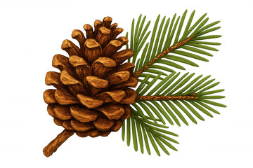 Detailed illustration of a pine cone and needles, isolated on a transparent background, perfect for nature-themed designs