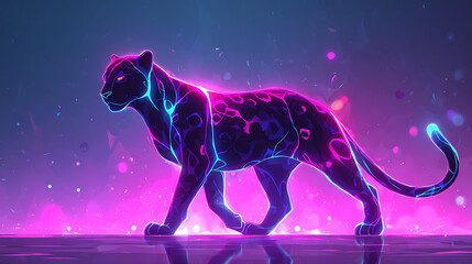 Glowing panther with cosmic light energy and neon fractals