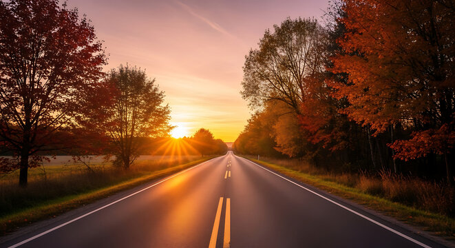 Asphalt road stretching into the distance at sunset with trees lining the sides and a bright sky ai generated