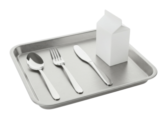 Serving meal tray with cutlery and milk carton cafeteria food presentation indoor top dining experience. Cut out PNG