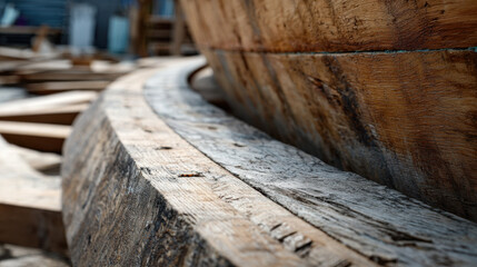 Naklejka premium Curved oak planks fitted to a wooden ship hull at a boatyard, showing rich grain, fastener holes, and hand craftsmanship in progress