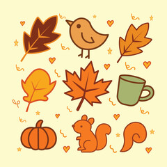 Playful Autumn Doodle Vector Set with Leaves, Animals and Cozy Elements