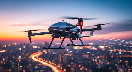 Naklejka premium Aerial drone hovering over a city at dusk with blurred lights and a colorful sky in the background ai generated