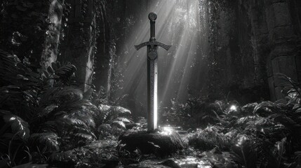 Naklejka premium Sword stands embedded in stone, lit by a beam in a dark, over-grown area