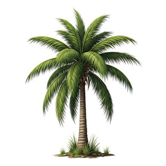 Illustration of a vibrant green palm tree with lush fronds and a textured trunk, isolated on a transparent background, symbolizing tropical destinations and summer relaxation