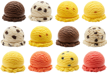 Delicious ice cream varieties dessert scene food colorful display tempting treats. Cut out PNG