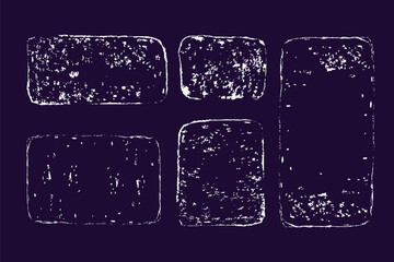 A collection of rough white rectangular frames with a noisy chalk or pencil texture on a dark background. These shapes can be used as labels, frames for text, highlights in posters, or digital scrapbo