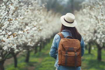 Woman with Backpack in Blooming Orchard, Springtime Travel, Serene Scene.