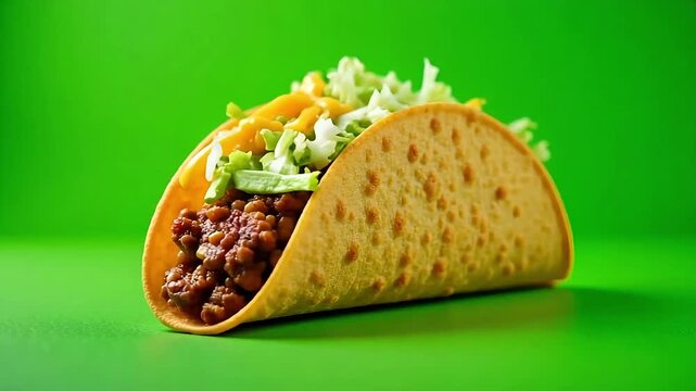 Crunchy beef taco with fresh lettuce and cheese, delicious mexican food on green background, traditional hard shell taco with ground meat