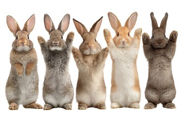  Five rabbits standing on their hind legs, each rabbit is a different color, and one of them has its paws raised in the air, as if cheering for something. 