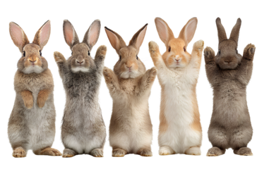  Five rabbits standing on their hind legs, each rabbit is a different color, and one of them has its paws raised in the air, as if cheering for something. 