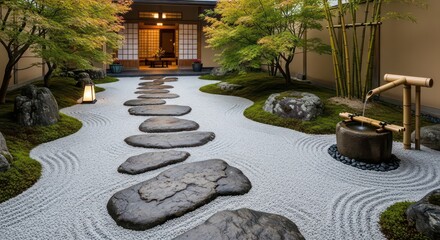 A serene zen garden path winds through a tranquil, meticulously landscaped space, featuring smooth stones, white sand patterns, and a gentle bamboo water feature.