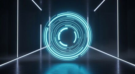 Cyber Circle Portal: Futuristic tunnel with bright neon-blue concentric circle that evokes technology and innovation, conveying a sense of data processing, futuristic interface and digital age.