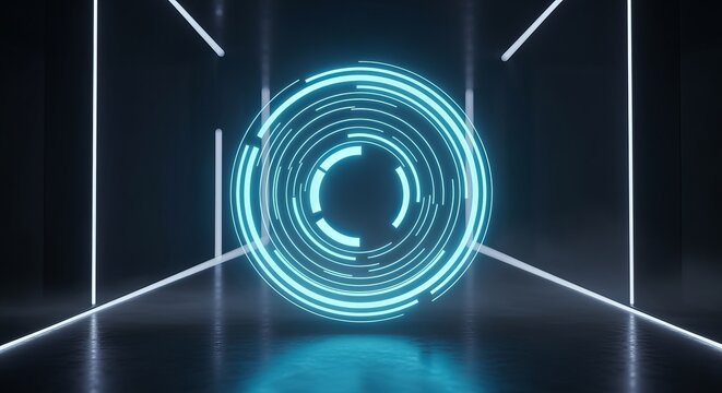 Cyber Circle Portal: Futuristic tunnel with bright neon-blue concentric circle that evokes technology and innovation, conveying a sense of data processing, futuristic interface and digital age.