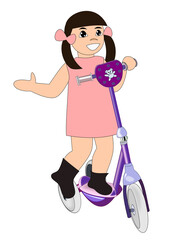 A little girl with pigtails and a pink dress on a kick scooter.